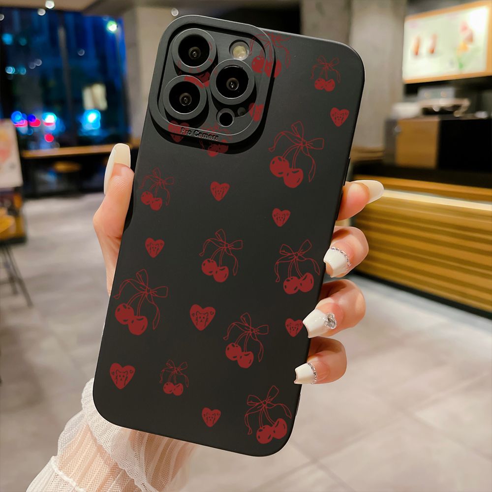 For iPhone 16 Pro Max 14 Plus 13 Pro Max 12 11 XR 8 7 SE 2022 XS Max Love Shape Cherry Full Protective Case Anti Drop Cover