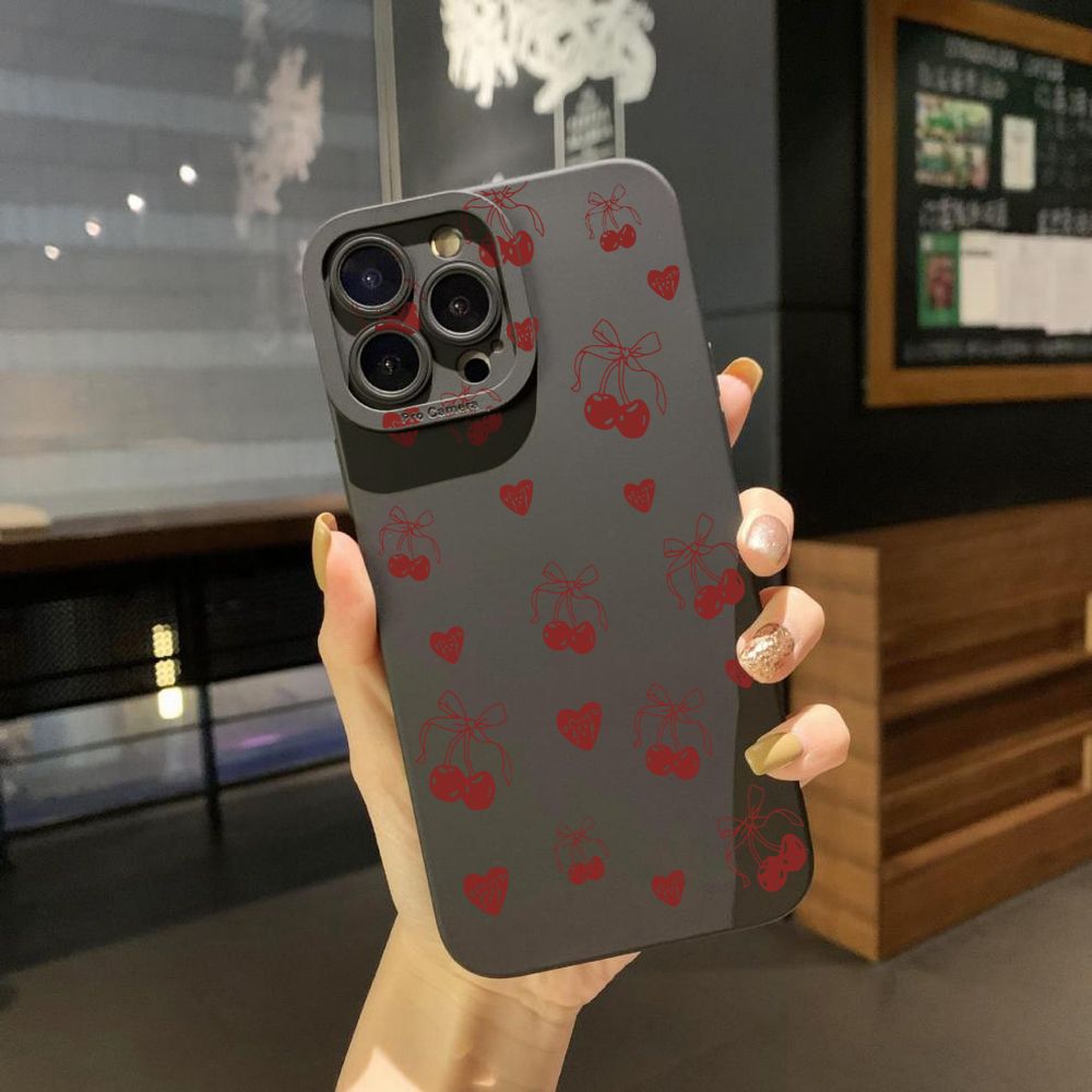 For iPhone 16 Pro Max 14 Plus 13 Pro Max 12 11 XR 8 7 SE 2022 XS Max Love Shape Cherry Full Protective Case Anti Drop Cover