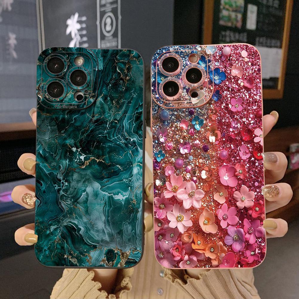 For iPhone 16 Pro Max 14 Plus 13 Pro Max 12 11 XR 8 7 SE 2022 XS Max Green Marbling Full Protective Case Anti Drop Cover