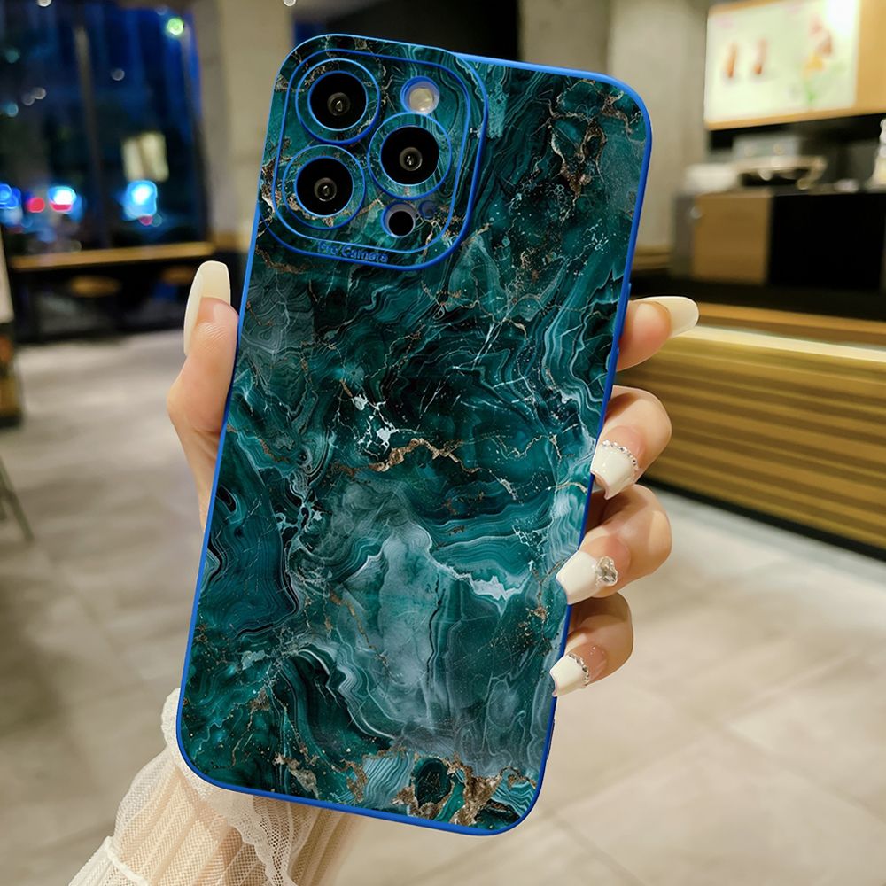 For iPhone 16 Pro Max 14 Plus 13 Pro Max 12 11 XR 8 7 SE 2022 XS Max Green Marbling Full Protective Case Anti Drop Cover