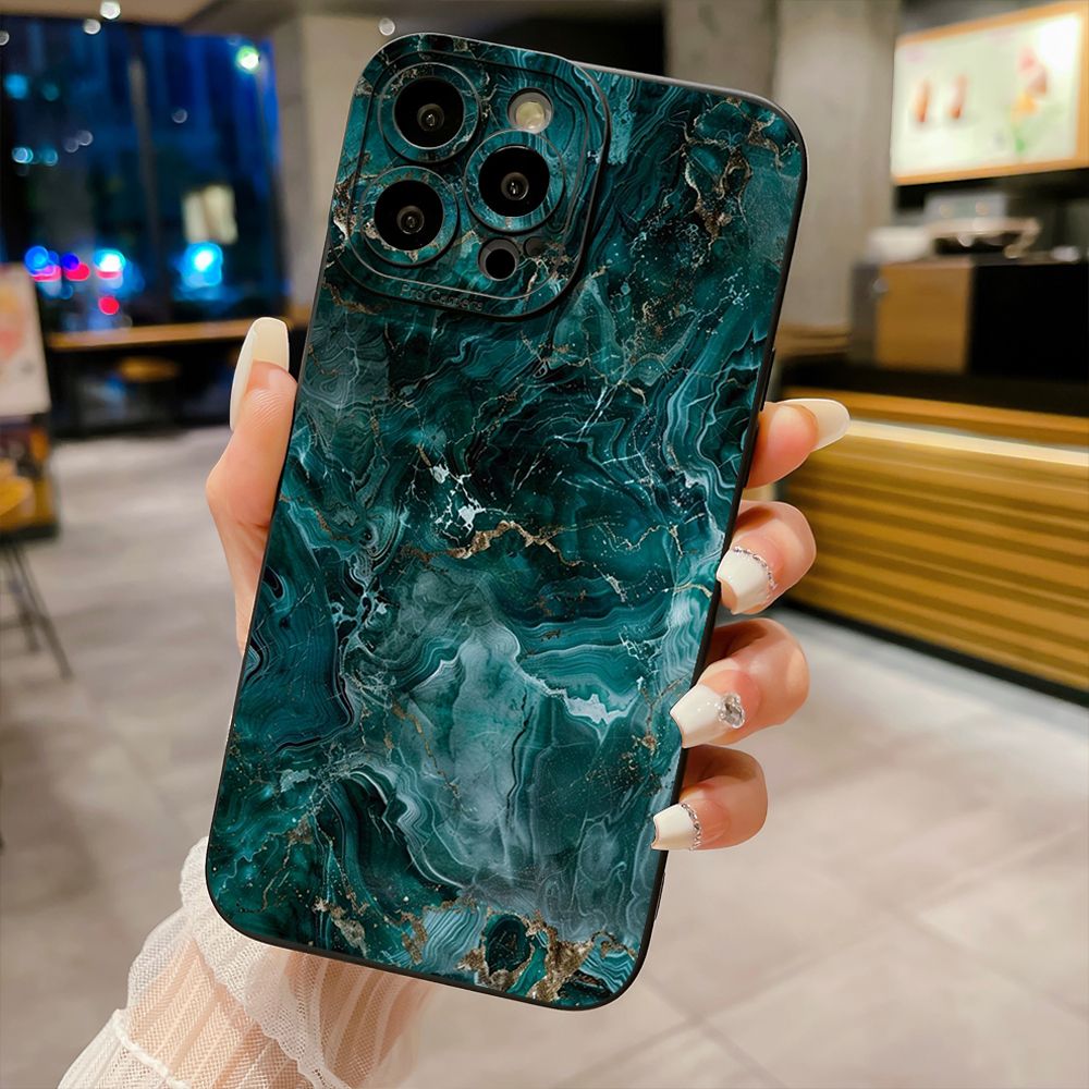 For iPhone 16 Pro Max 14 Plus 13 Pro Max 12 11 XR 8 7 SE 2022 XS Max Green Marbling Full Protective Case Anti Drop Cover