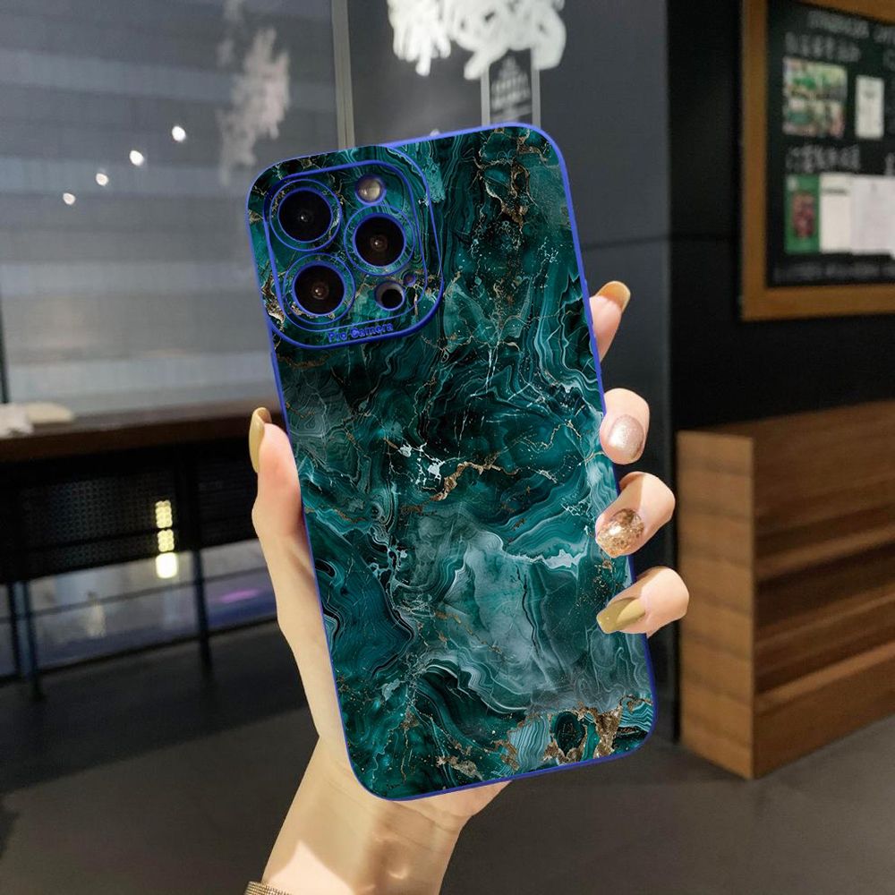 For iPhone 16 Pro Max 14 Plus 13 Pro Max 12 11 XR 8 7 SE 2022 XS Max Green Marbling Full Protective Case Anti Drop Cover