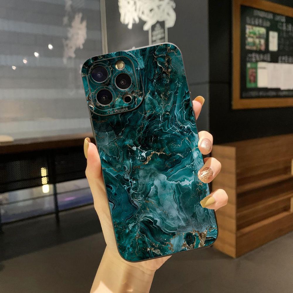 For iPhone 16 Pro Max 14 Plus 13 Pro Max 12 11 XR 8 7 SE 2022 XS Max Green Marbling Full Protective Case Anti Drop Cover