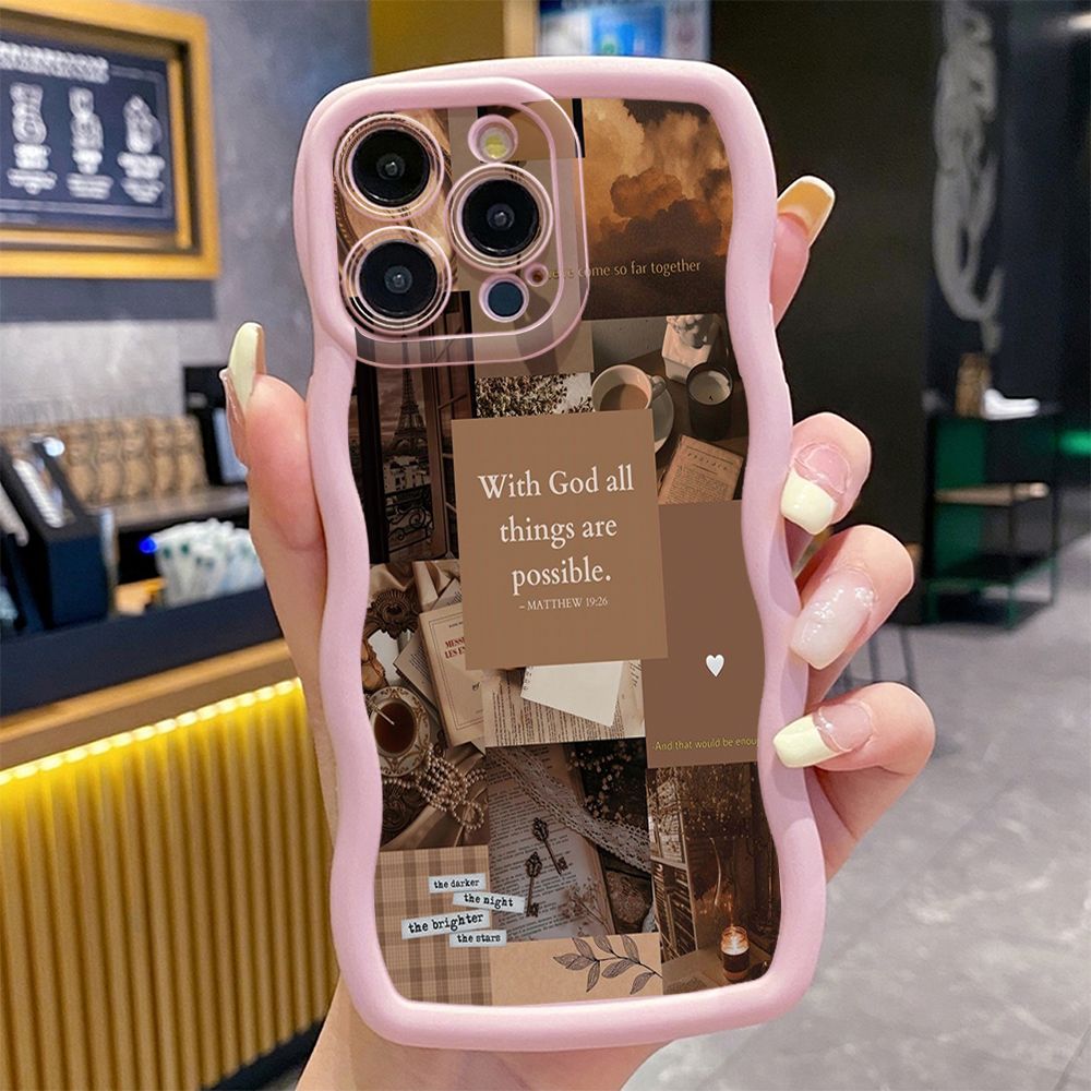 For iPhone 16 Pro Max 15 14 Plus 13 12 11 Pro Max With God all things are Possible Wave Frame Phone Case Anti Drop Cover