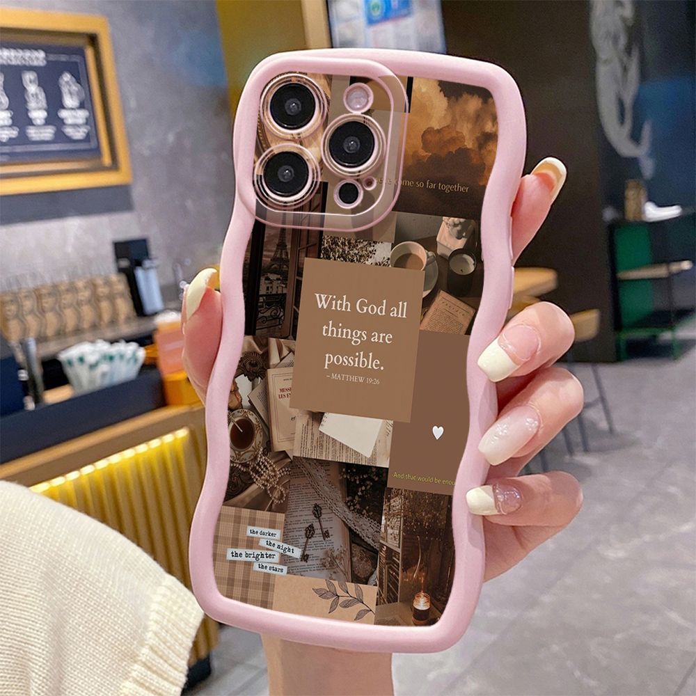 For iPhone 16 Pro Max 15 14 Plus 13 12 11 Pro Max With God all things are Possible Wave Frame Phone Case Anti Drop Cover