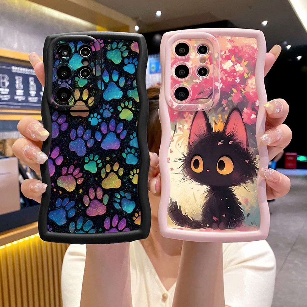 For Samsung Galaxy S24 S23 Ultra S22 Plus S21 FE S20 Cute Black Cat Foot Print Wave Frame Phone Case Anti Drop Cover