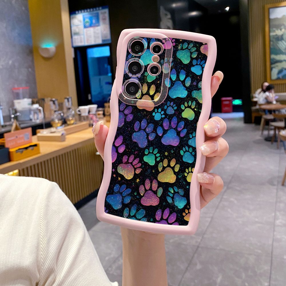 For Samsung Galaxy S24 S23 Ultra S22 Plus S21 FE S20 Cute Black Cat Foot Print Wave Frame Phone Case Anti Drop Cover