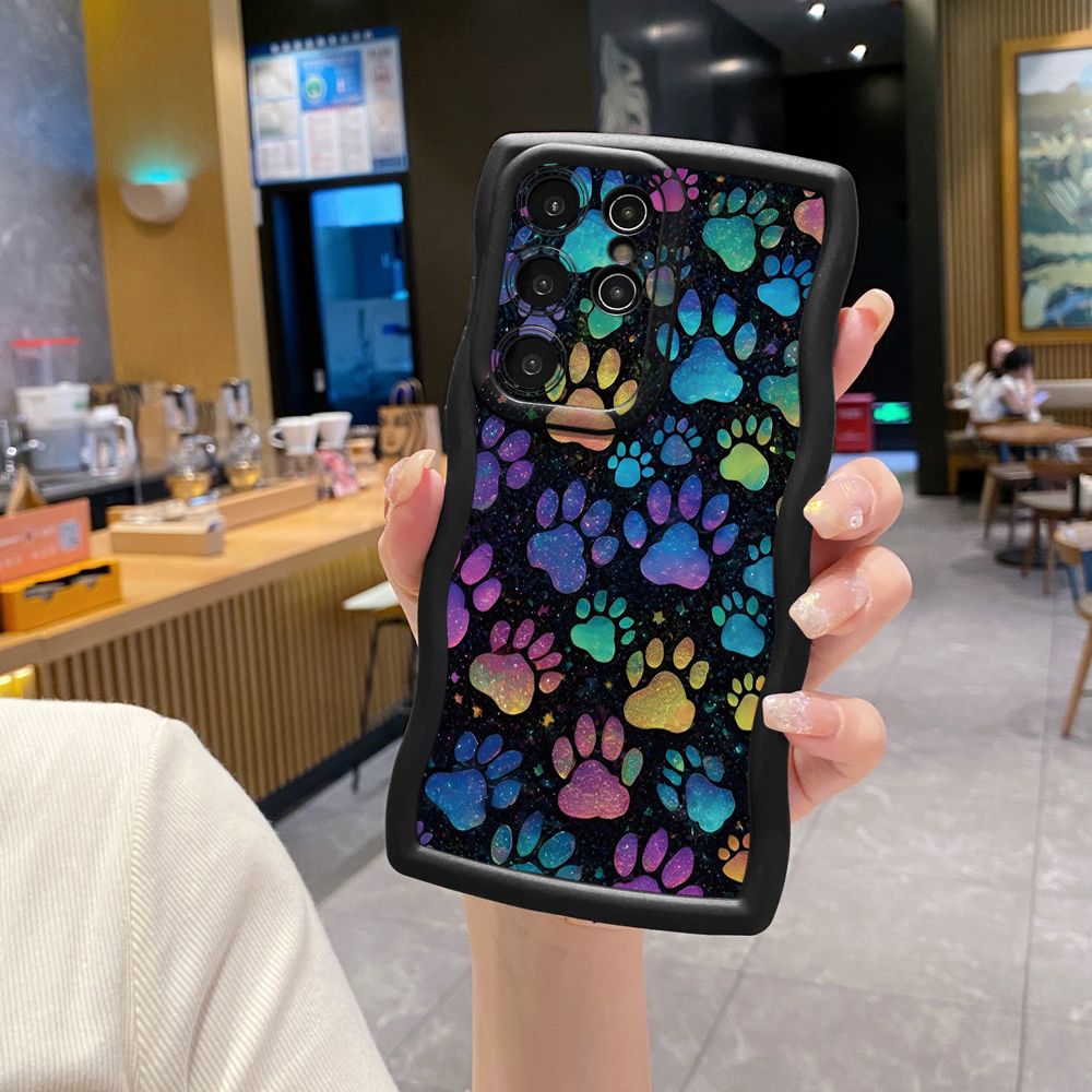 For Samsung Galaxy S24 S23 Ultra S22 Plus S21 FE S20 Cute Black Cat Foot Print Wave Frame Phone Case Anti Drop Cover