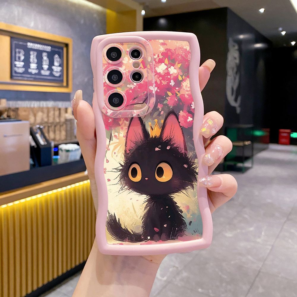 For Samsung Galaxy S24 S23 Ultra S22 Plus S21 FE S20 Cute Black Cat Foot Print Wave Frame Phone Case Anti Drop Cover