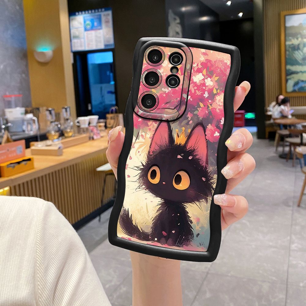 For Samsung Galaxy S24 S23 Ultra S22 Plus S21 FE S20 Cute Black Cat Foot Print Wave Frame Phone Case Anti Drop Cover