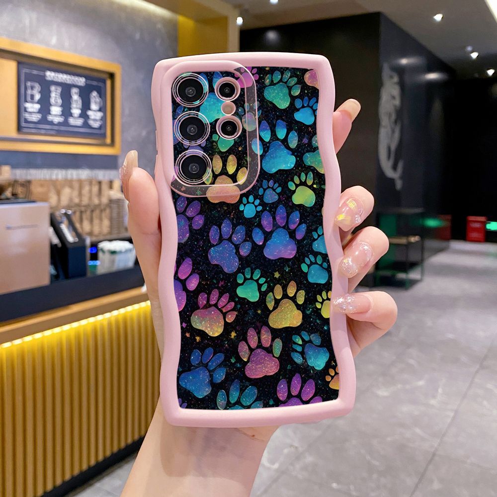 For Samsung Galaxy S24 S23 Ultra S22 Plus S21 FE S20 Cute Black Cat Foot Print Wave Frame Phone Case Anti Drop Cover
