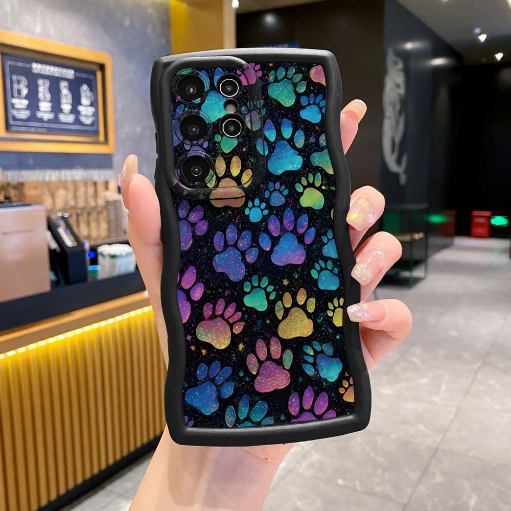 For Samsung Galaxy S24 S23 Ultra S22 Plus S21 FE S20 Cute Black Cat Foot Print Wave Frame Phone Case Anti Drop Cover