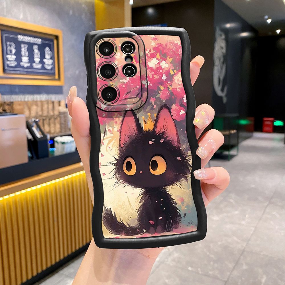 For Samsung Galaxy S24 S23 Ultra S22 Plus S21 FE S20 Cute Black Cat Foot Print Wave Frame Phone Case Anti Drop Cover