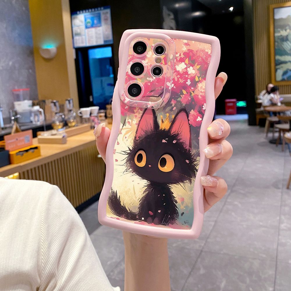 For Samsung Galaxy S24 S23 Ultra S22 Plus S21 FE S20 Cute Black Cat Foot Print Wave Frame Phone Case Anti Drop Cover