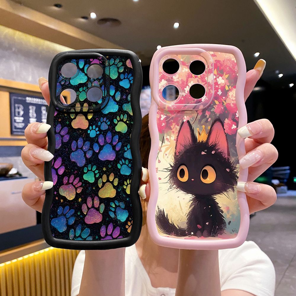 For ITEl A04 A60 A70 P40 S23 Plus Cute Black Cat Foot Print Wave Frame Phone Case Anti Drop Cover