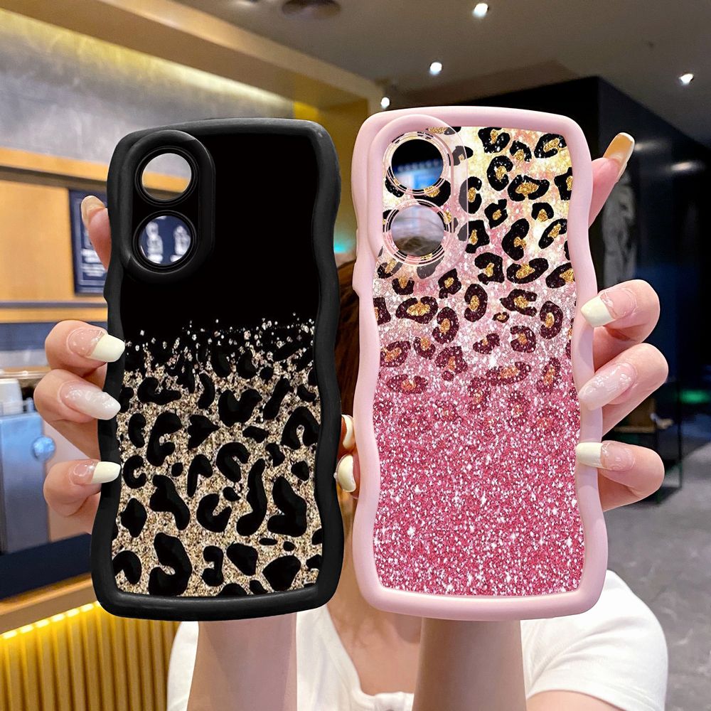For OPPO A60 A18 A38 A17 A16 A57 A77 A59 A98 A78 A58 5G Gradient Pink Leopard Wave Frame Phone Case Anti Drop Cover