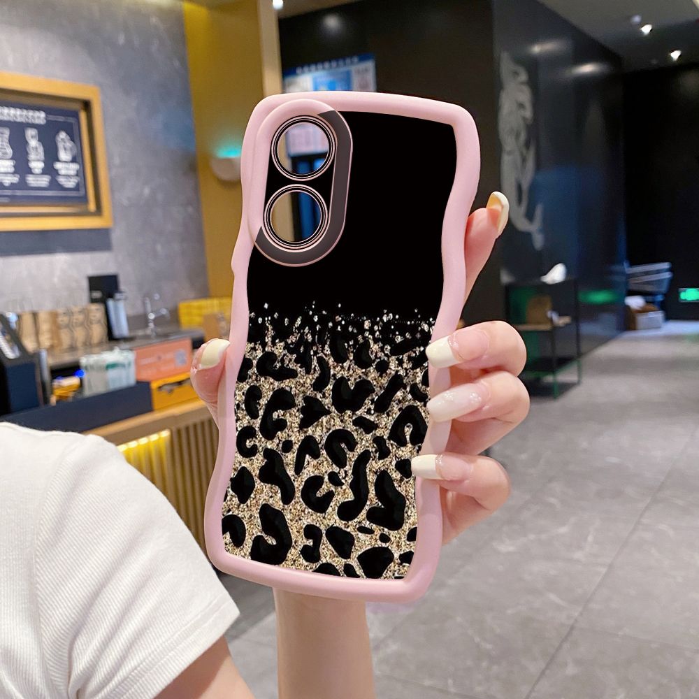 For OPPO A60 A18 A38 A17 A16 A57 A77 A59 A98 A78 A58 5G Gradient Pink Leopard Wave Frame Phone Case Anti Drop Cover
