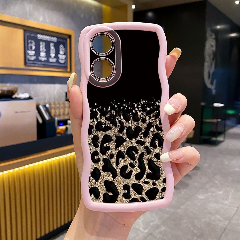 For OPPO A60 A18 A38 A17 A16 A57 A77 A59 A98 A78 A58 5G Gradient Pink Leopard Wave Frame Phone Case Anti Drop Cover