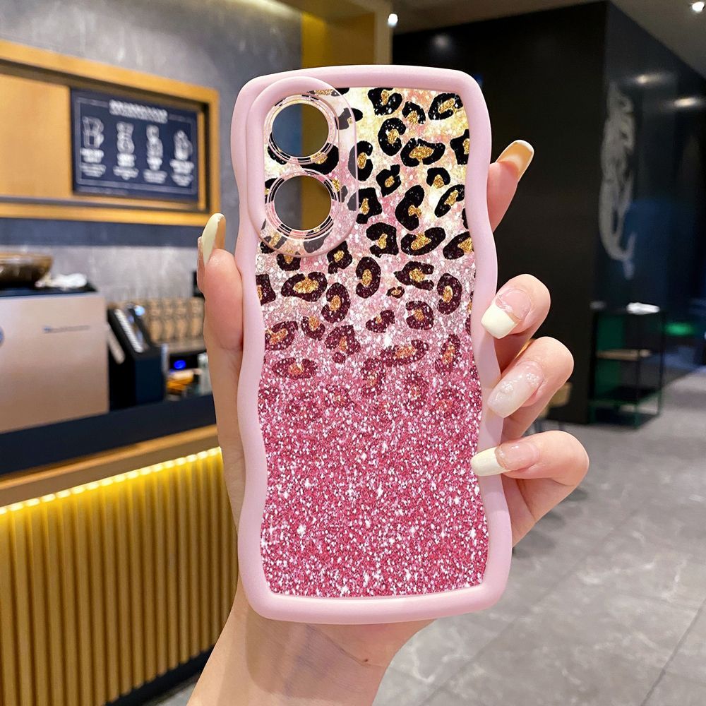 For OPPO A60 A18 A38 A17 A16 A57 A77 A59 A98 A78 A58 5G Gradient Pink Leopard Wave Frame Phone Case Anti Drop Cover