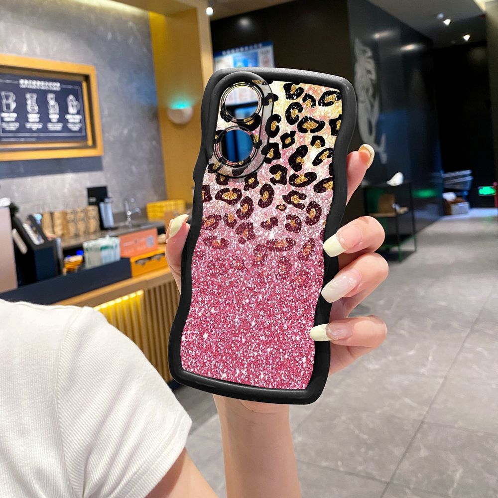 For OPPO A60 A18 A38 A17 A16 A57 A77 A59 A98 A78 A58 5G Gradient Pink Leopard Wave Frame Phone Case Anti Drop Cover