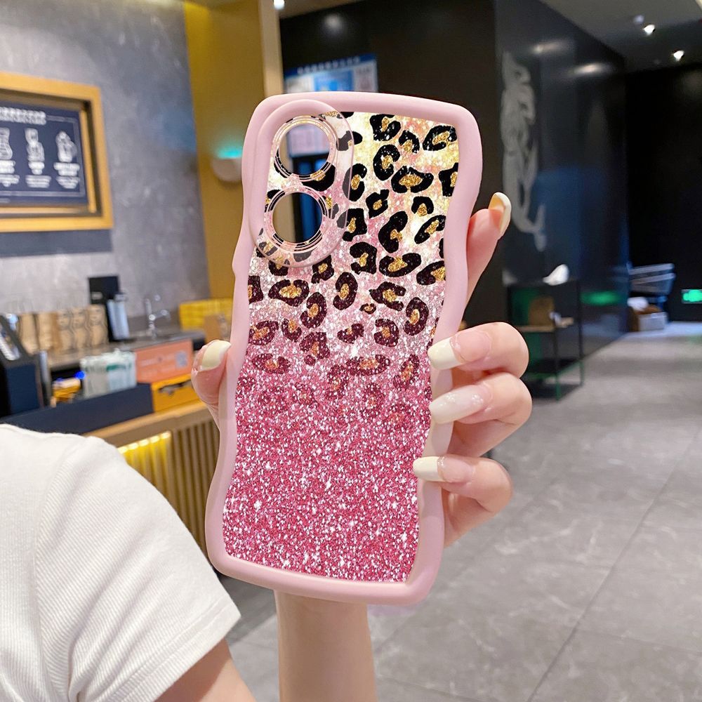For OPPO A60 A18 A38 A17 A16 A57 A77 A59 A98 A78 A58 5G Gradient Pink Leopard Wave Frame Phone Case Anti Drop Cover