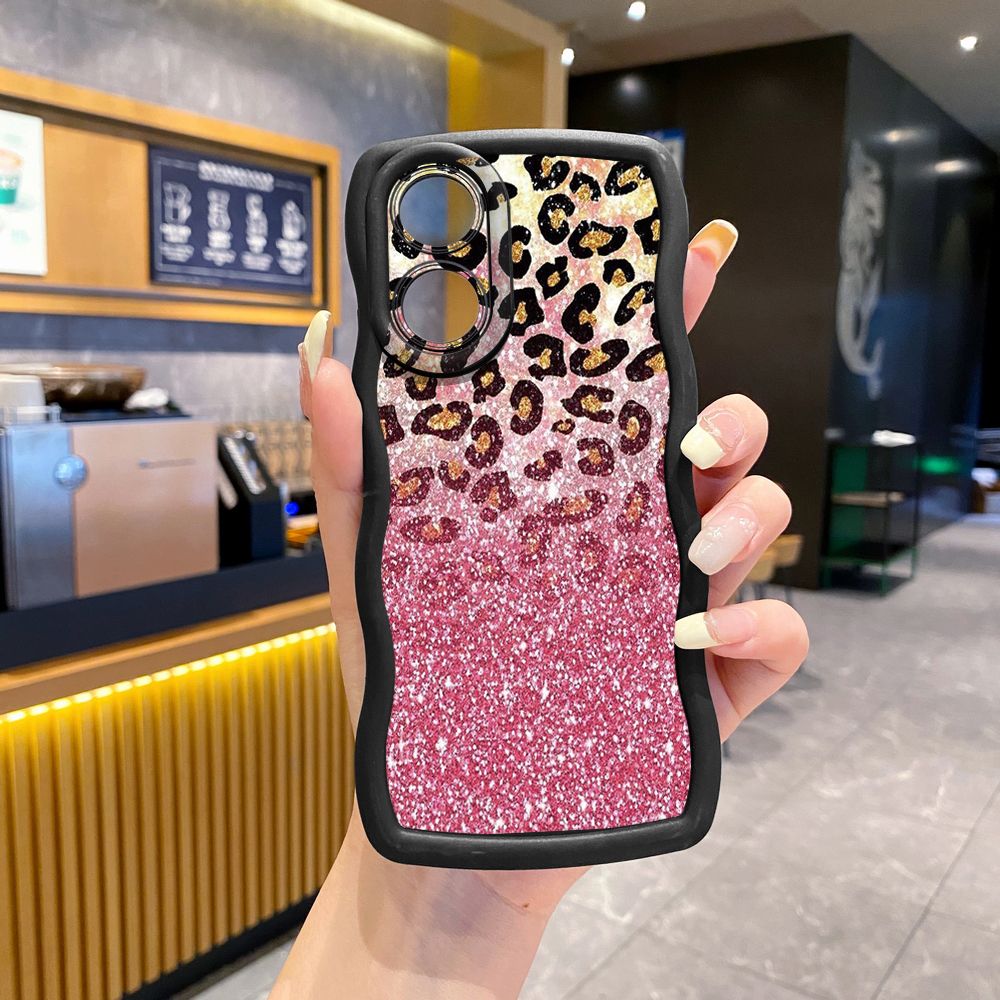 For OPPO A60 A18 A38 A17 A16 A57 A77 A59 A98 A78 A58 5G Gradient Pink Leopard Wave Frame Phone Case Anti Drop Cover