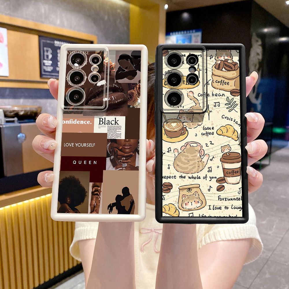for Samsung Galaxy S24 S23 Ultra S22 Plus S21 FE S20 Cute Coffee Cat Full Protective Phone Case Anti Drop Cover