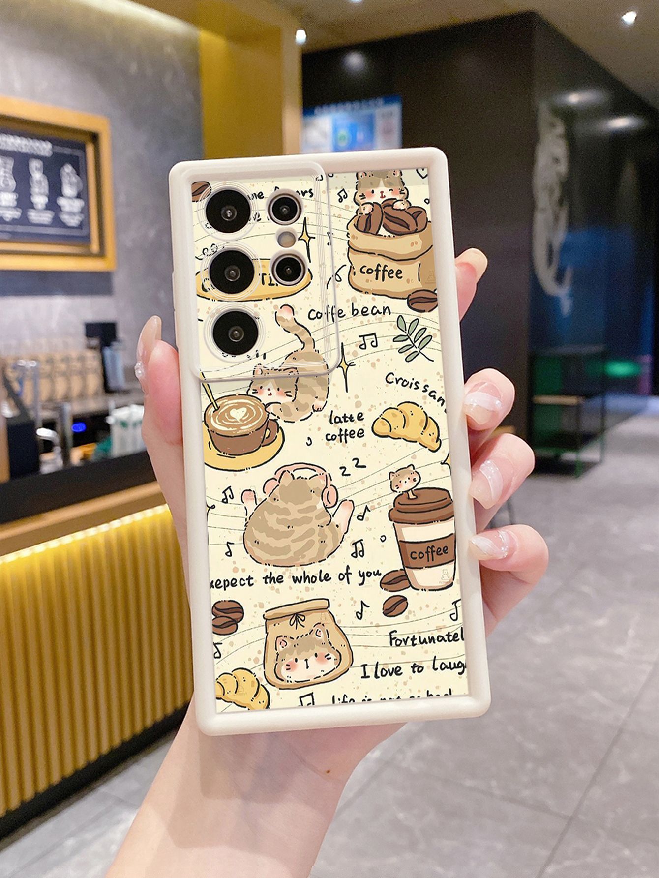 for Samsung Galaxy S24 S23 Ultra S22 Plus S21 FE S20 Cute Coffee Cat Full Protective Phone Case Anti Drop Cover