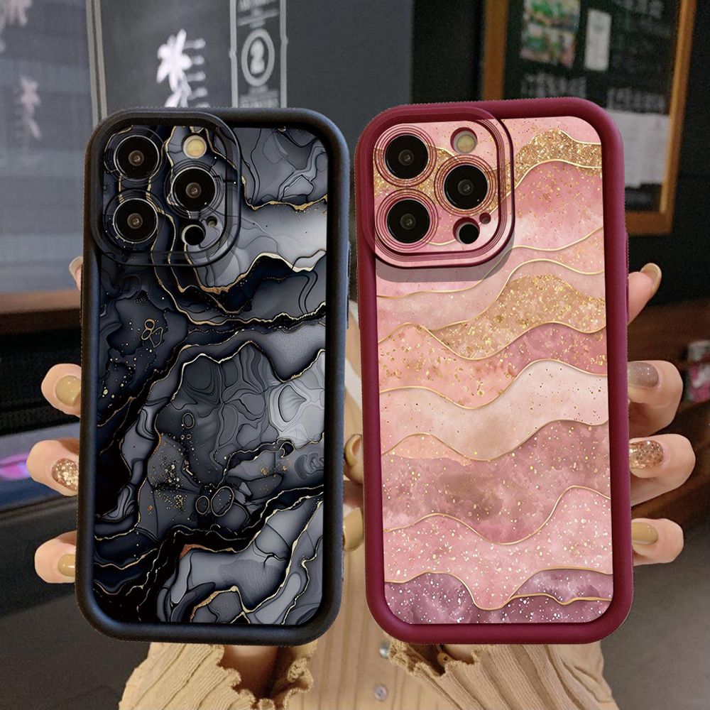 for iPhone 15 Pro Max 14 Plus 13 12 11 XR 8 7 SE 2022 XS Black Pink Marbling Full Protective Phone Case Anti Drop Cover