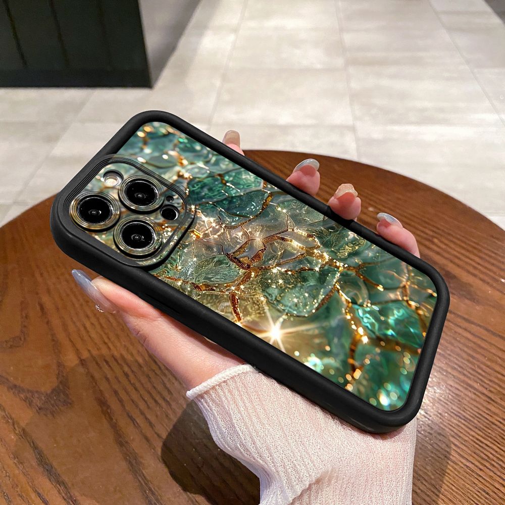 for iPhone 15 Pro Max 14 Plus 13 12 11 XR 8 7 SE 2022 XS Green Jade Print Full Protective Phone Case Anti Drop Cover