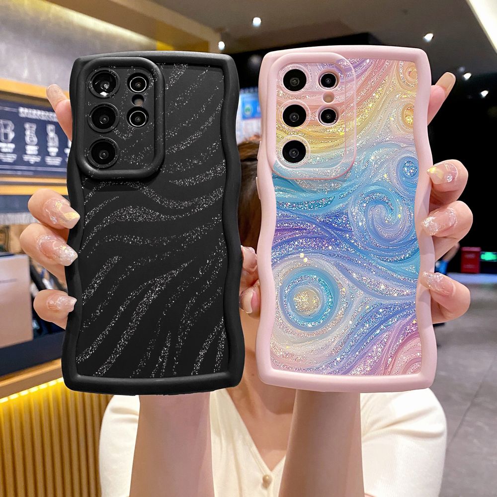 For Samsung Galaxy S24 S23 Ultra S22 Plus S21 FE S20 Glitter Stripe Print Wave Frame Phone Case Anti Drop Cover