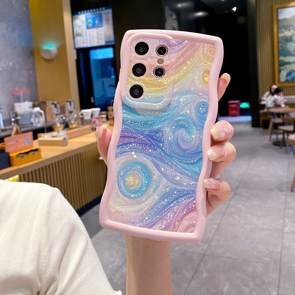 For Samsung Galaxy S24 S23 Ultra S22 Plus S21 FE S20 Glitter Stripe Print Wave Frame Phone Case Anti Drop Cover