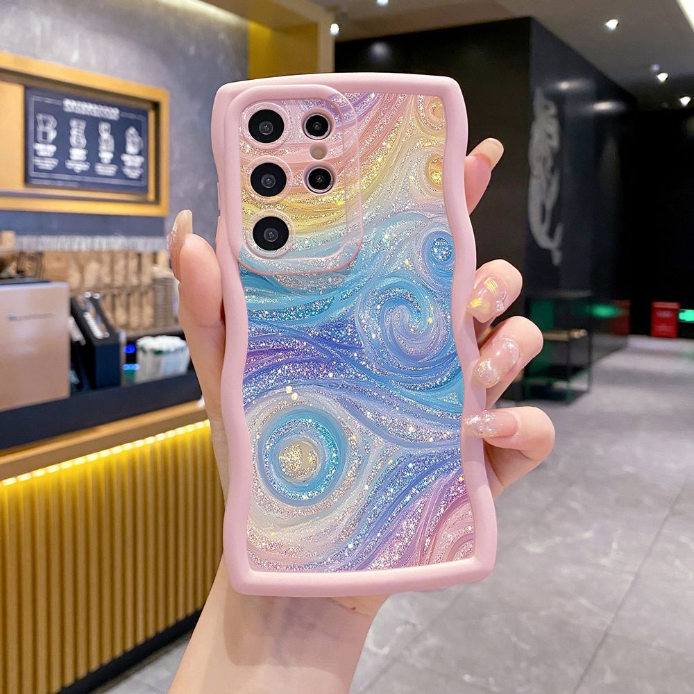 For Samsung Galaxy S24 S23 Ultra S22 Plus S21 FE S20 Glitter Stripe Print Wave Frame Phone Case Anti Drop Cover