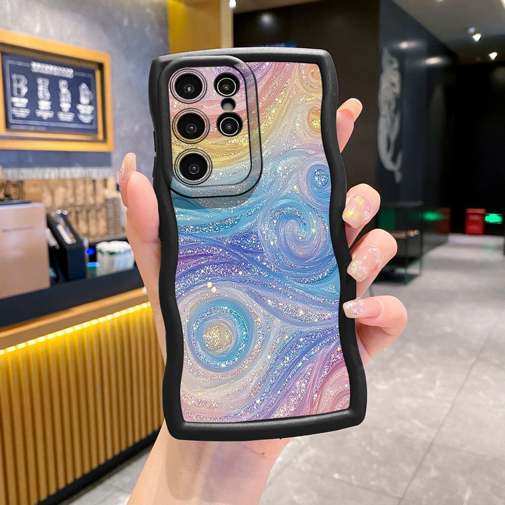 For Samsung Galaxy S24 S23 Ultra S22 Plus S21 FE S20 Glitter Stripe Print Wave Frame Phone Case Anti Drop Cover