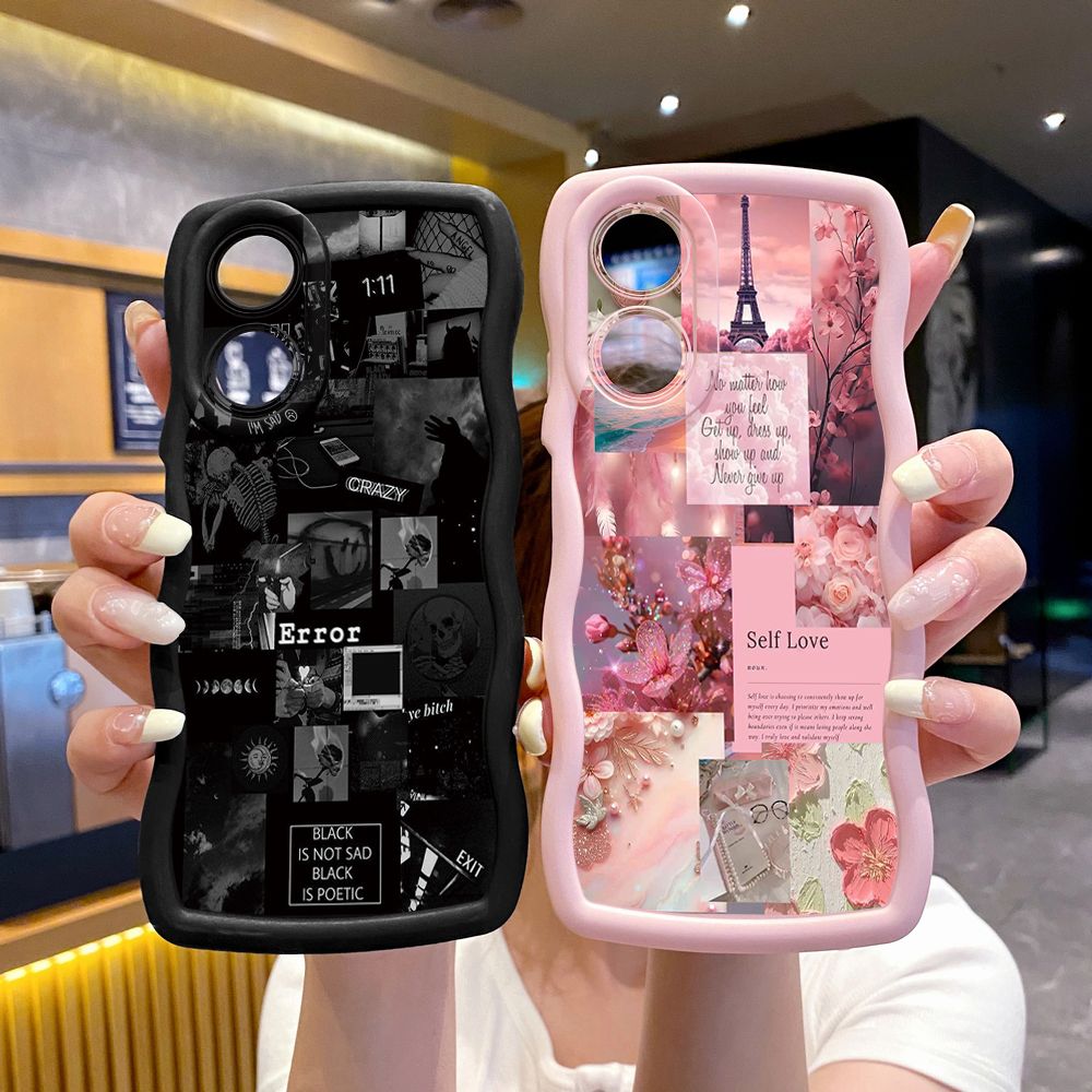 For OPPO A60 A18 A38 A17 A16 A57 A77 A59 A98 A78 A58 5G Poetic Black Wave Frame Phone Case Anti Drop Cover