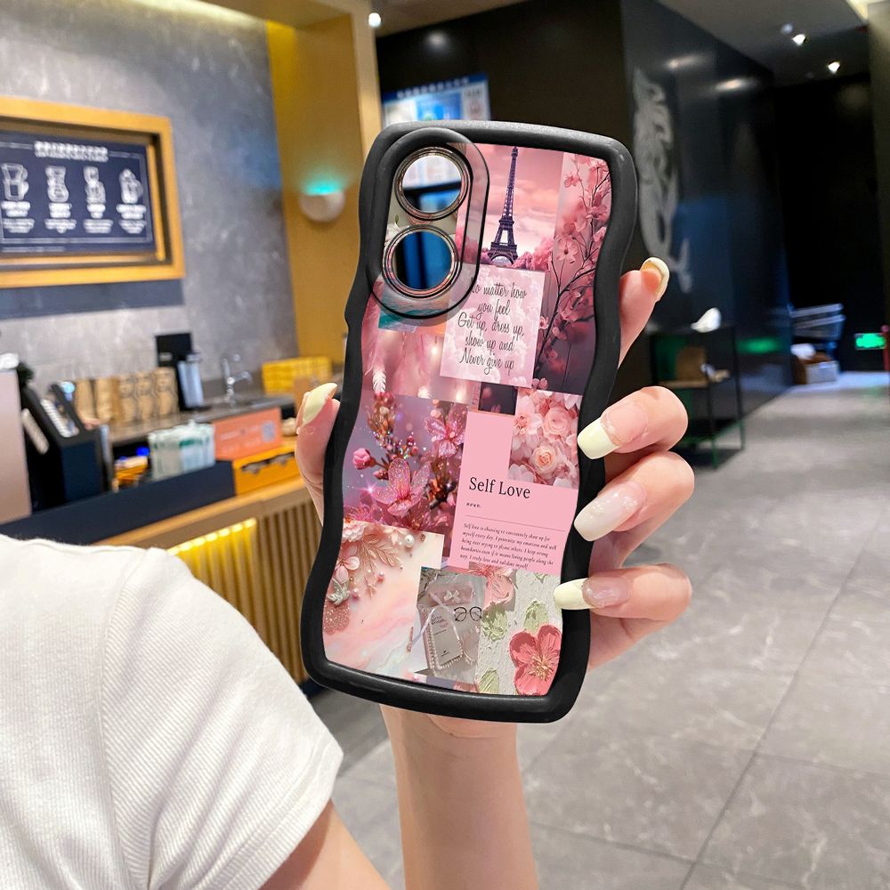 For OPPO A60 A18 A38 A17 A16 A57 A77 A59 A98 A78 A58 5G Poetic Black Wave Frame Phone Case Anti Drop Cover