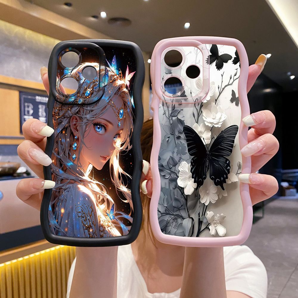 For OPPO Realme C67 C53 C51 Note 50 C21Y C25Y C33 C30 C35 9i Blue Butterfly Girl Wave Frame Phone Case Anti Drop Cover