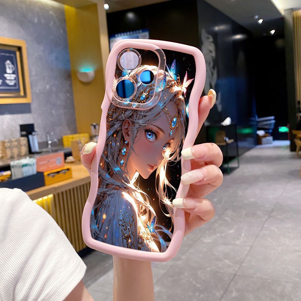 For OPPO Realme C67 C53 C51 Note 50 C21Y C25Y C33 C30 C35 9i Blue Butterfly Girl Wave Frame Phone Case Anti Drop Cover