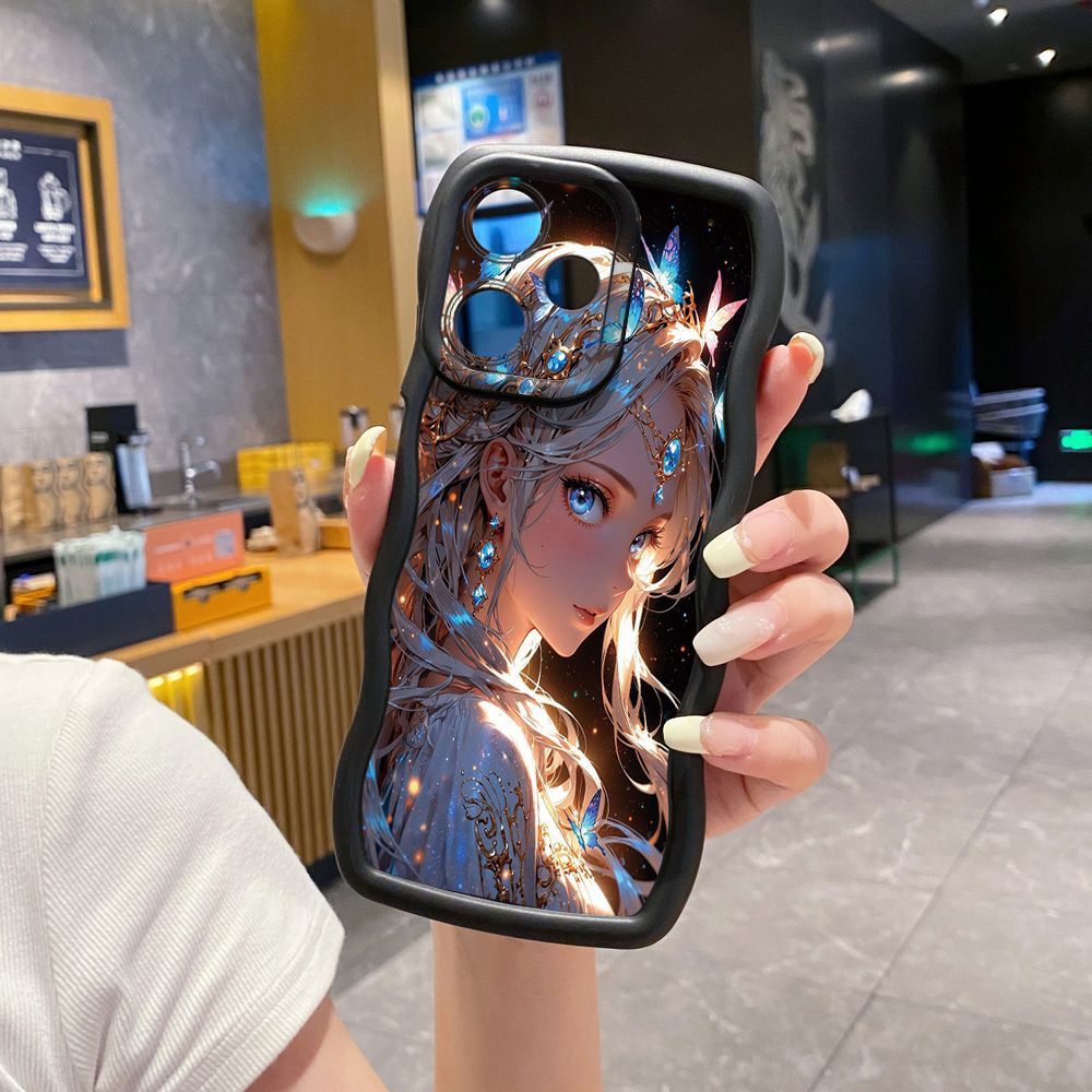 For OPPO Realme C67 C53 C51 Note 50 C21Y C25Y C33 C30 C35 9i Blue Butterfly Girl Wave Frame Phone Case Anti Drop Cover