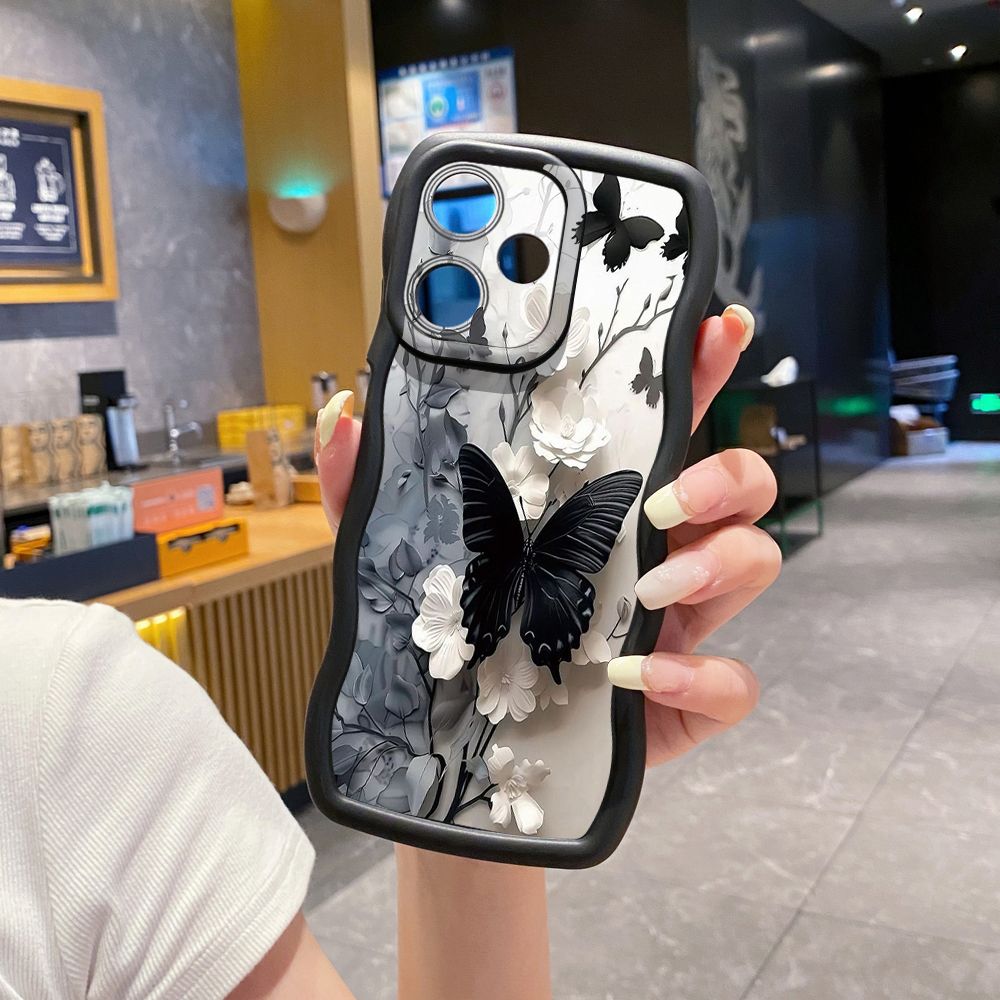 For OPPO Realme C67 C53 C51 Note 50 C21Y C25Y C33 C30 C35 9i Blue Butterfly Girl Wave Frame Phone Case Anti Drop Cover