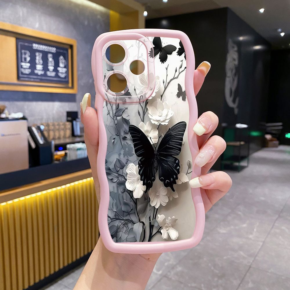For OPPO Realme C67 C53 C51 Note 50 C21Y C25Y C33 C30 C35 9i Blue Butterfly Girl Wave Frame Phone Case Anti Drop Cover