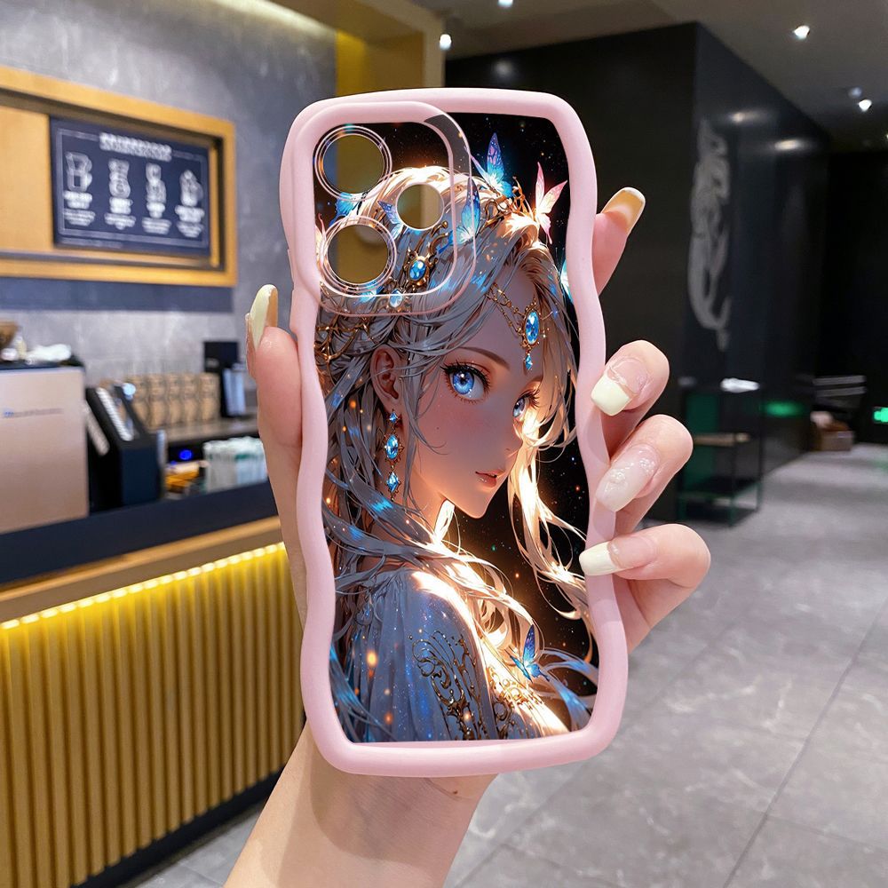 For OPPO Realme C67 C53 C51 Note 50 C21Y C25Y C33 C30 C35 9i Blue Butterfly Girl Wave Frame Phone Case Anti Drop Cover