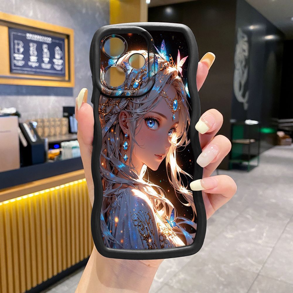 For OPPO Realme C67 C53 C51 Note 50 C21Y C25Y C33 C30 C35 9i Blue Butterfly Girl Wave Frame Phone Case Anti Drop Cover
