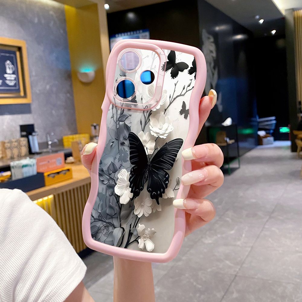For OPPO Realme C67 C53 C51 Note 50 C21Y C25Y C33 C30 C35 9i Blue Butterfly Girl Wave Frame Phone Case Anti Drop Cover