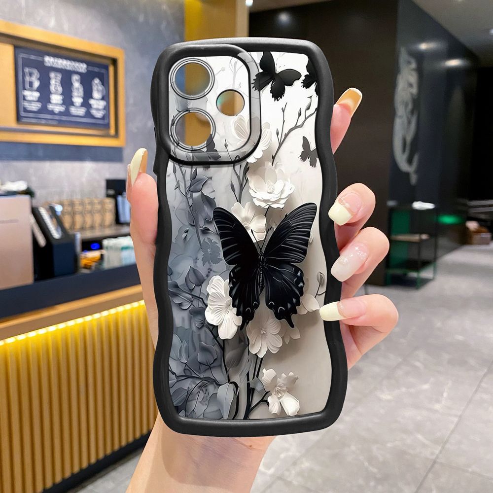 For OPPO Realme C67 C53 C51 Note 50 C21Y C25Y C33 C30 C35 9i Blue Butterfly Girl Wave Frame Phone Case Anti Drop Cover