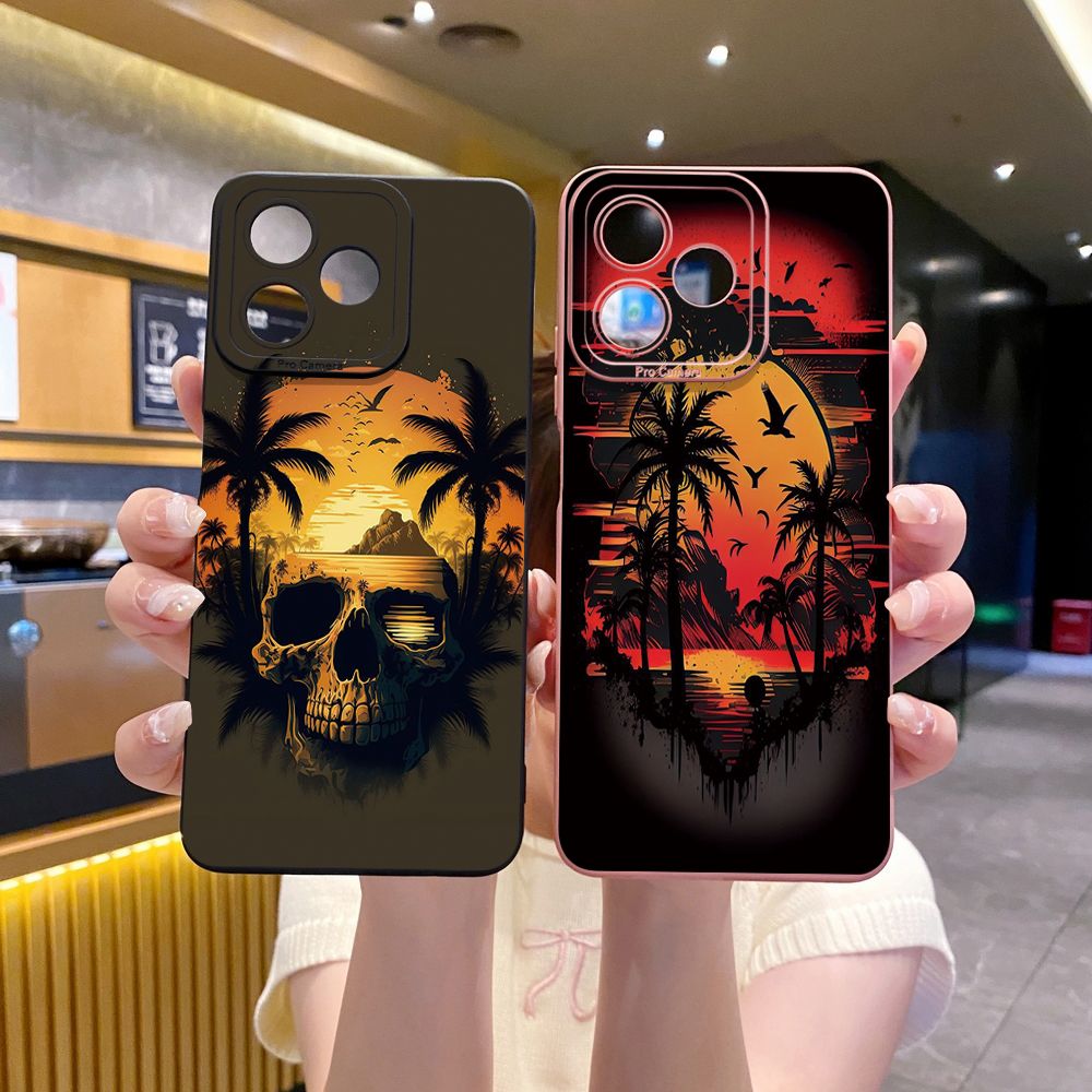 For Realme C61 C63 C65 C67 C53 C51 Note 50 60 C21 C33 C30 C35 C11 2021 C12 C15 C21Y C25Y Realme 12 13 Coconut Tree Skull Full Protective Case Anti Drop Cover