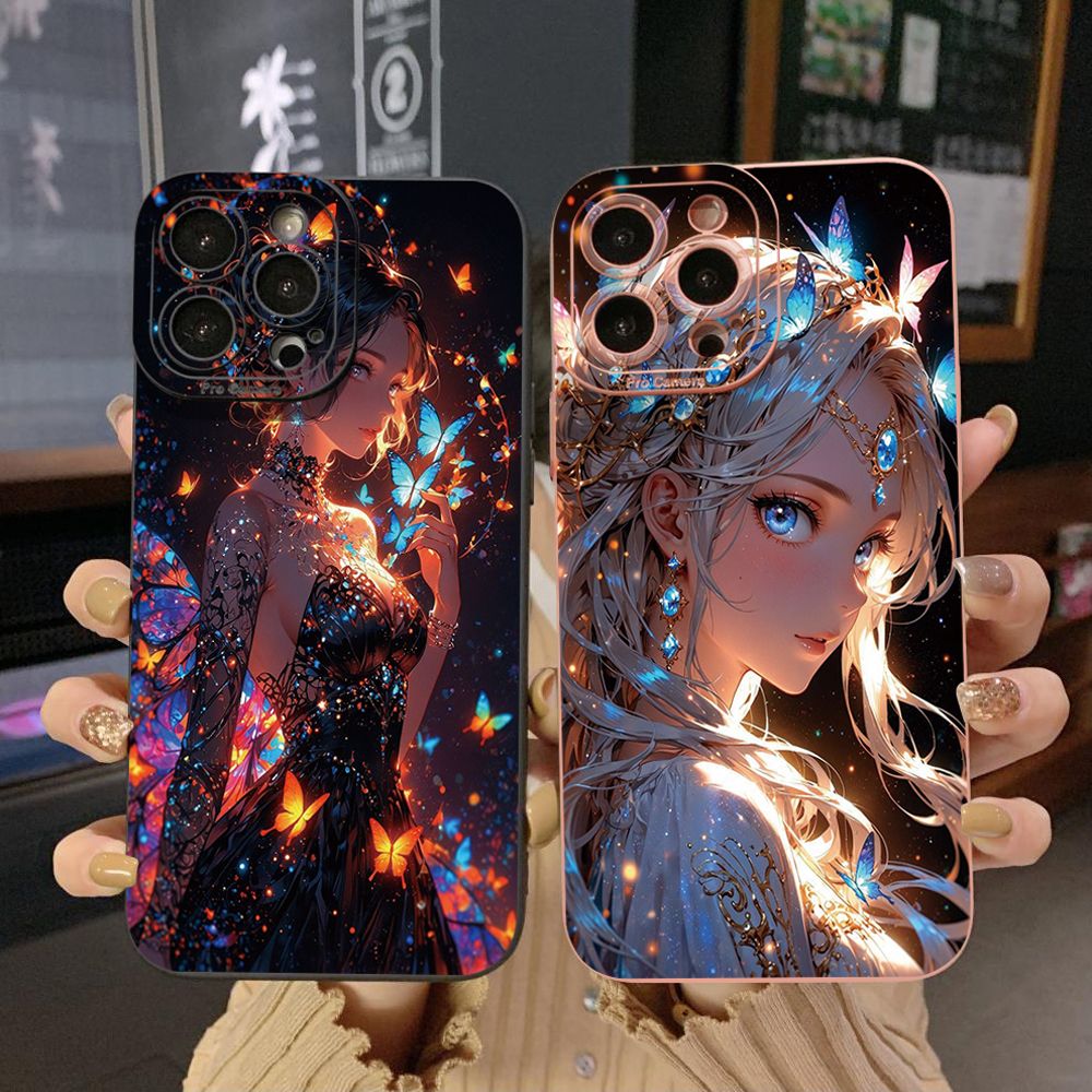 For iPhone 16 Pro Max 14 Plus 13 Pro Max 12 11 XR 8 7 SE 2022 XS Max Butterfly Girl Full Protective Case Anti Drop Cover