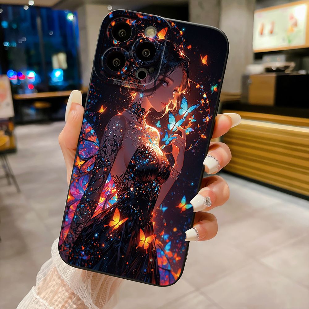 For iPhone 16 Pro Max 14 Plus 13 Pro Max 12 11 XR 8 7 SE 2022 XS Max Butterfly Girl Full Protective Case Anti Drop Cover
