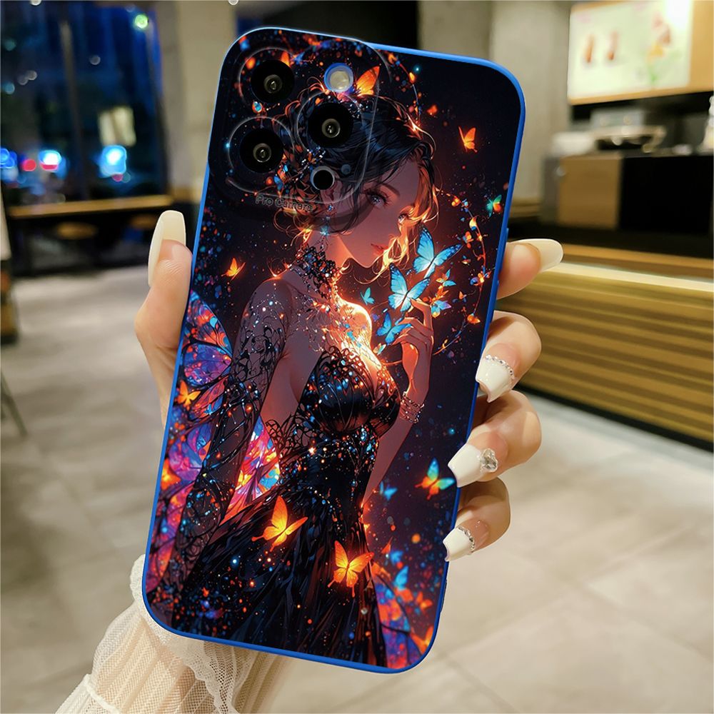 For iPhone 16 Pro Max 14 Plus 13 Pro Max 12 11 XR 8 7 SE 2022 XS Max Butterfly Girl Full Protective Case Anti Drop Cover