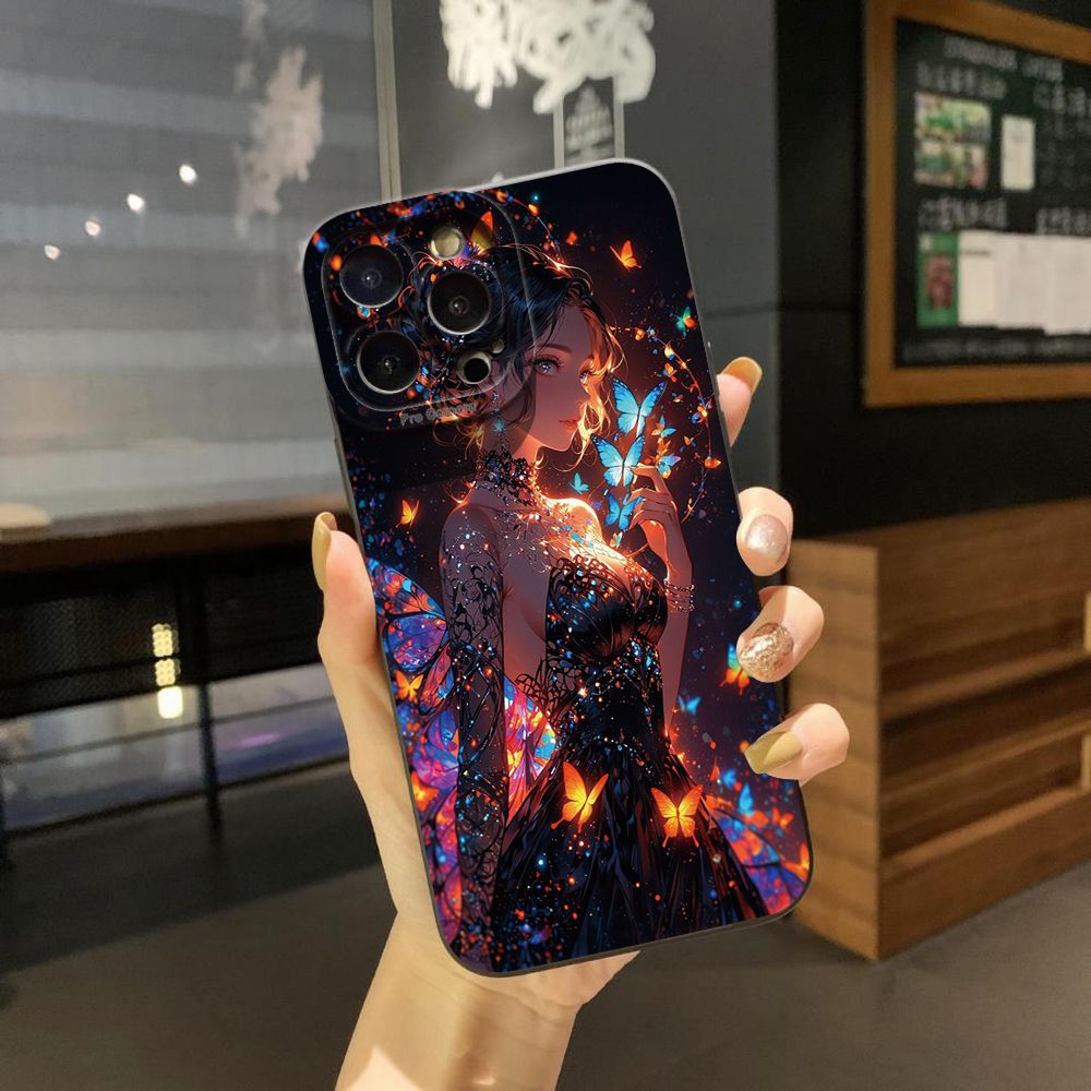 For iPhone 16 Pro Max 14 Plus 13 Pro Max 12 11 XR 8 7 SE 2022 XS Max Butterfly Girl Full Protective Case Anti Drop Cover